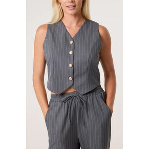 Grey Pinstripe Waistcoat And Trouser Set (close up)