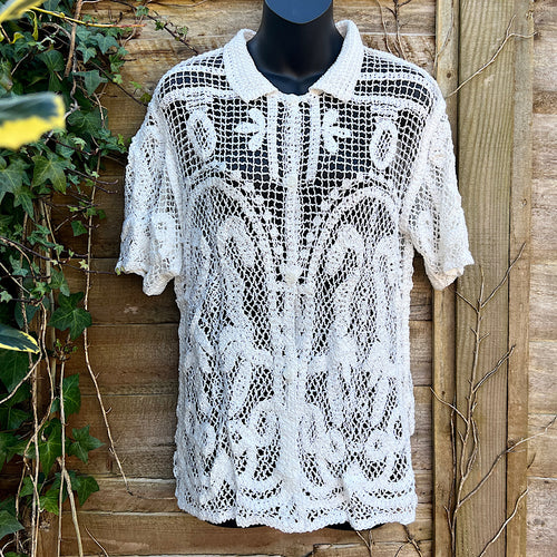 White Paisley Crochet 'Swan Lake Short' Sleeve Shirt