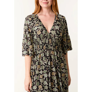 Green Leaf Print V-Neck Shirred Maxi Dress (close up)