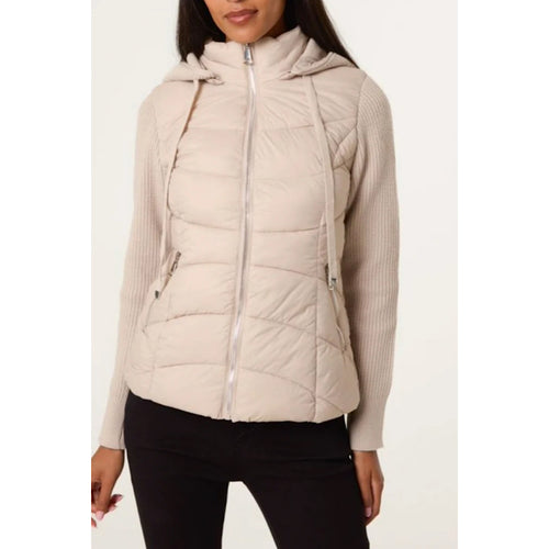 Stone Knitted Sleeve Puffer Quilted Hybrid Jacket