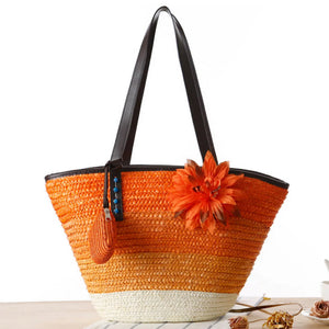 Peacock Orange Straw Basket Bag with Flower and Free Coin Purse