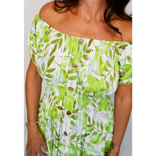Load image into Gallery viewer, Bardot with Pockets Maxi Dress | Green Leaf Print with Gold Leaf Detail (close up)
