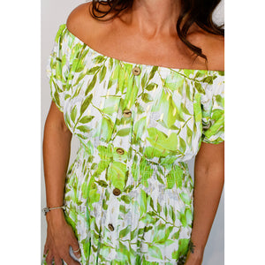 Bardot with Pockets Maxi Dress | Green Leaf Print with Gold Leaf Detail (close up)