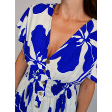 Load image into Gallery viewer, Angel Sleeve V-Neck Midi Dress with Pockets | Blue Bold Leaf Print (close up)

