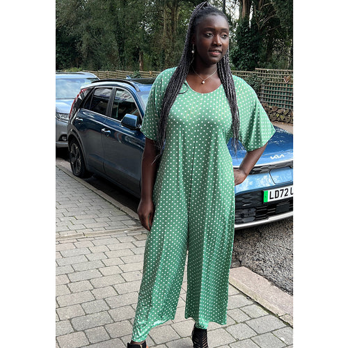 Green & White Polka Dot with Gold Line Print Jumpsuit (front)