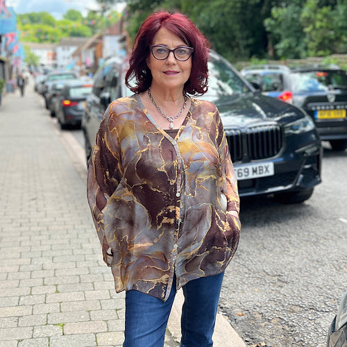 Brown Marble Effect Silk 2 Piece Top