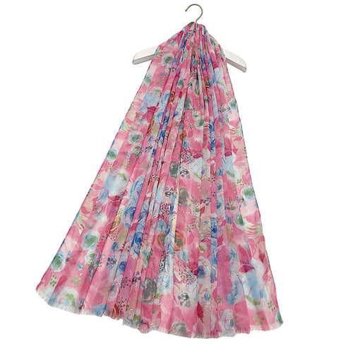 Pink Delicate Rose Foiled Printed Frayed Scarf