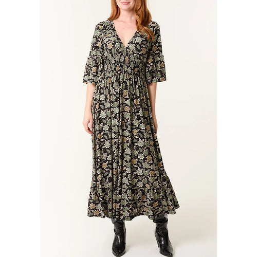 Green Leaf Print V-Neck Shirred Maxi Dress