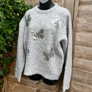 Grey Silver Sequin Butterfly Jumper