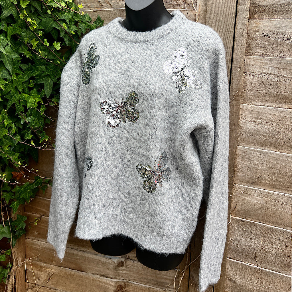 Grey Silver Sequin Butterfly Jumper