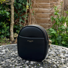 Load image into Gallery viewer, Black Oval Shaped Twin Zip Top Crossbody Bag By David Jones (front)
