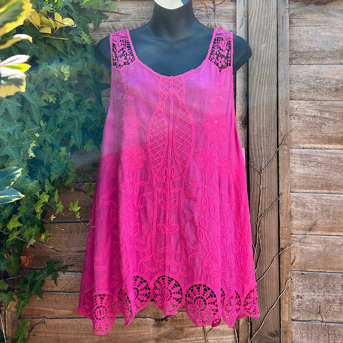 Pink Sleeveless Floral Embroidered Top with Crochet Strap & Hem