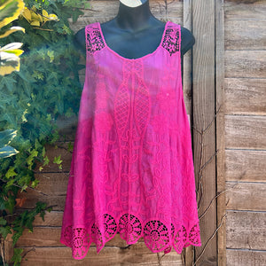 Pink Sleeveless Floral Embroidered Top with Crochet Strap & Hem