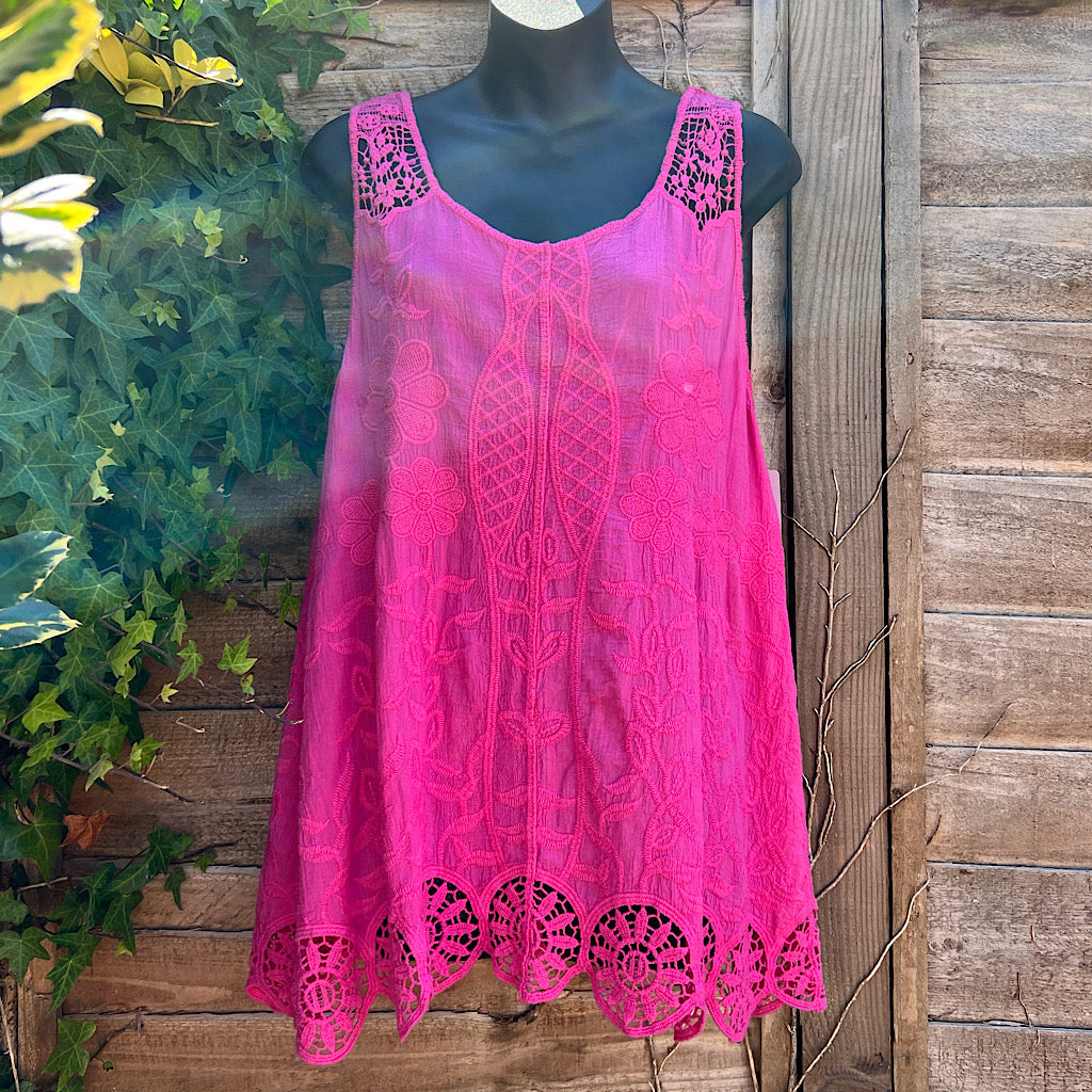 Pink Sleeveless Floral Embroidered Top with Crochet Strap & Hem
