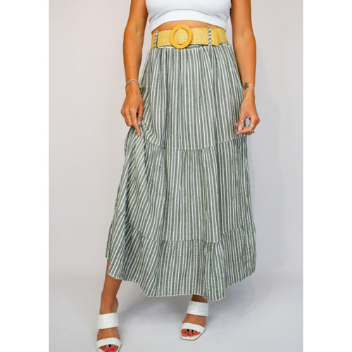 Khaki Multi Stripe Belted Maxi Skirt