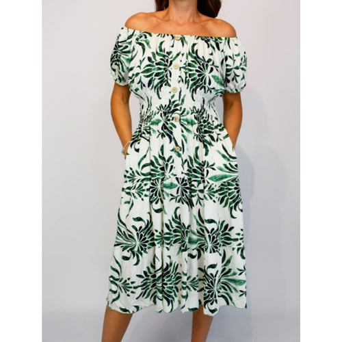 Bardot Midi Dress with Pockets | Green Aztec Leaf Print