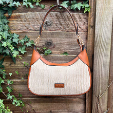 Load image into Gallery viewer, Cognac Santorini Woven Scoop Shoulder Bag (hanging)
