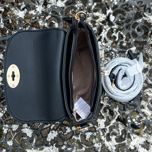 Black Chain Handle Flap Over Handbag (open + additional strap)