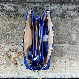 Sapphire Luxe Triple-Compartment Leather Crossbody Bag (open)
