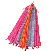 Load image into Gallery viewer, Fuchsia Pink Colourful Floral Stripe Print Tassel Scarf (flat)
