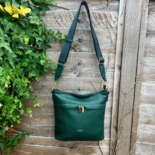 Load image into Gallery viewer, Dark Green Front Zip Pocket Messenger Style Bag (hanging)

