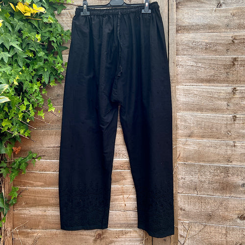 Black Lightweight Cotton Trousers with Embroidery Detail
