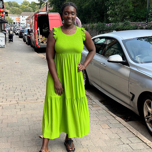 Lime Green Shirred Body Midi Dress