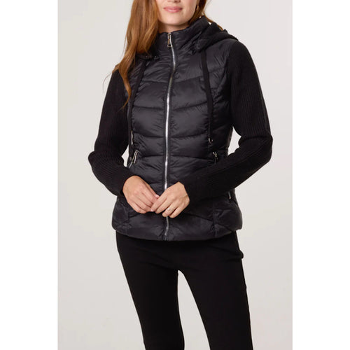 Black Knitted Sleeve Puffer Quilted Hybrid Jacket