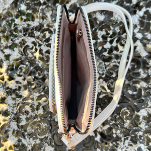 Flat White Crossbody Bag with Credit Card Slots in Front Pocket (open)