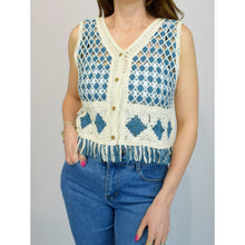 Load image into Gallery viewer, Blue &amp; Stone Tassel Hem Coloured Crochet Vest
