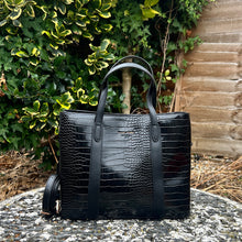 Load image into Gallery viewer, Black Patent Faux Croc Tote Bag
