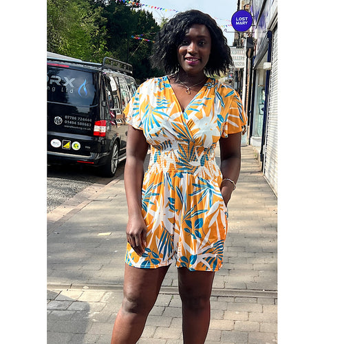 Orange Contrast Leaf Cross Over Playsuit