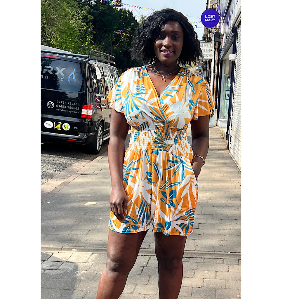 Orange Contrast Leaf Cross Over Playsuit