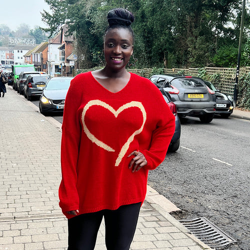 Red Oversized Heart Print Jumper