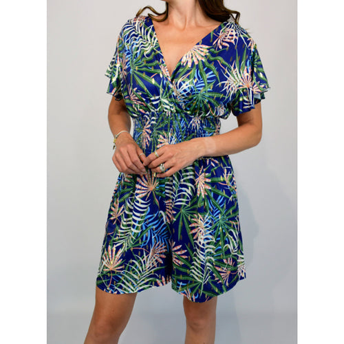 Blue Tropical Leaf Playsuit with Pockets