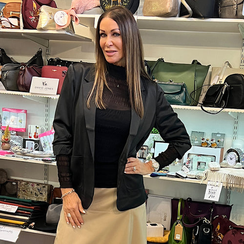 Pitch Black Sateen Blazer (on model)