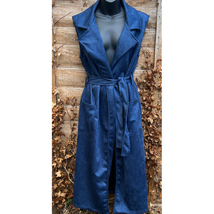 Navy Sleeveless Longline Suedette Gilet
