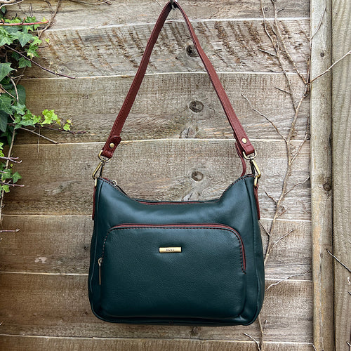 Dark Green & Tan Leather 'Lucy' Front Zip Pocket Shoulder Bag (front)