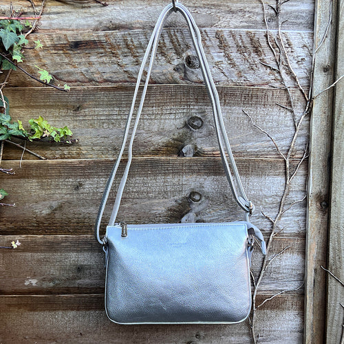 Silver Triple Section Crossbody Bag By David Jones (front)