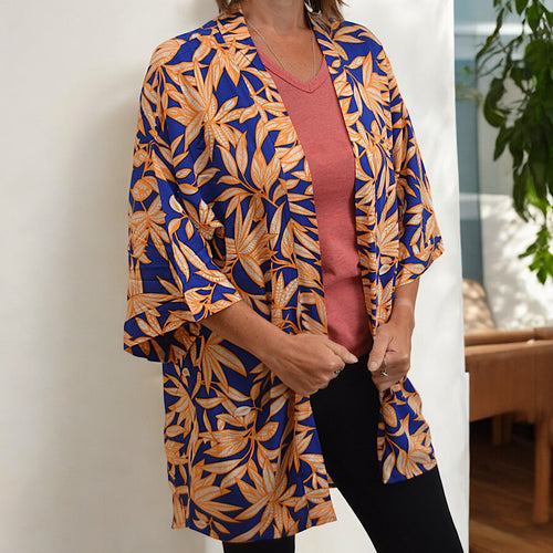 Blue & Orange Leaf Print Kimono