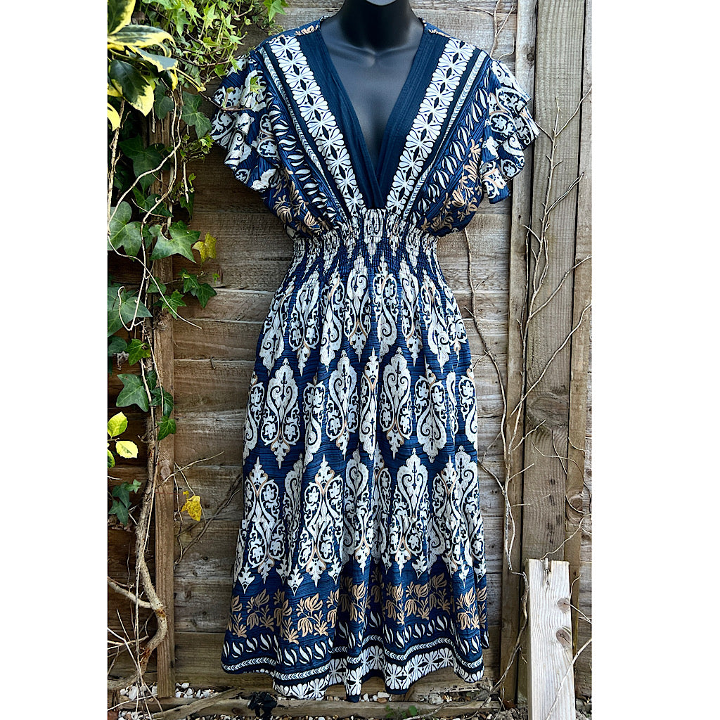 Angel Sleeve V-Neck Midi Dress with Pockets | Navy Vintage Paisley Border Print