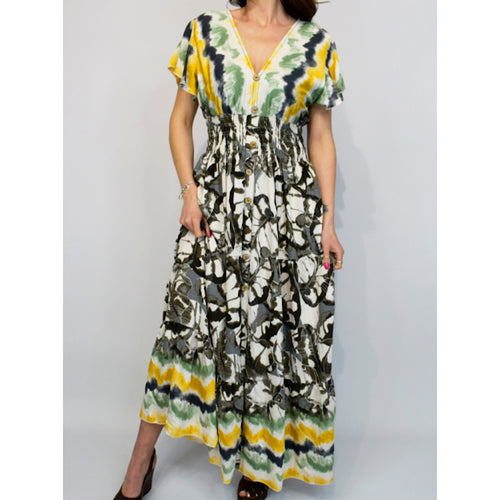 Angel Sleeve V-Neck Maxi Dress with Pockets | Black Aztec Tie Dye