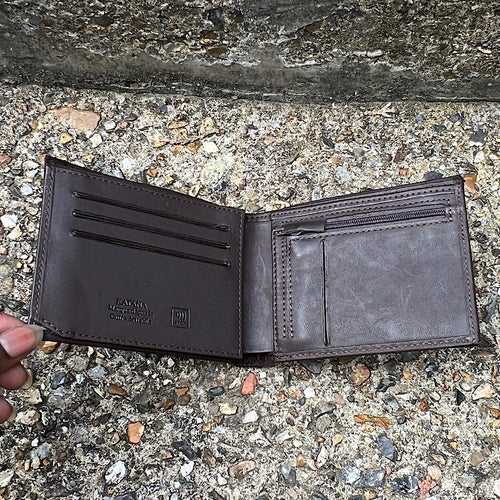 Brown Italian Leather Wallet with Zip Pocket | 6 Card Slots (open)