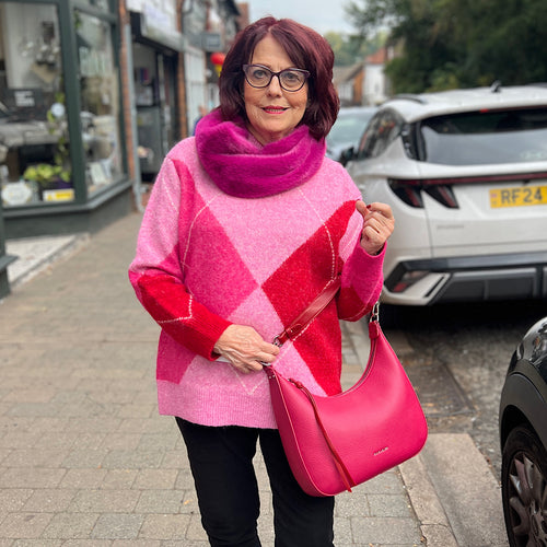 Pink & Red Soft Knit Large Diamond Jumper (modelled)