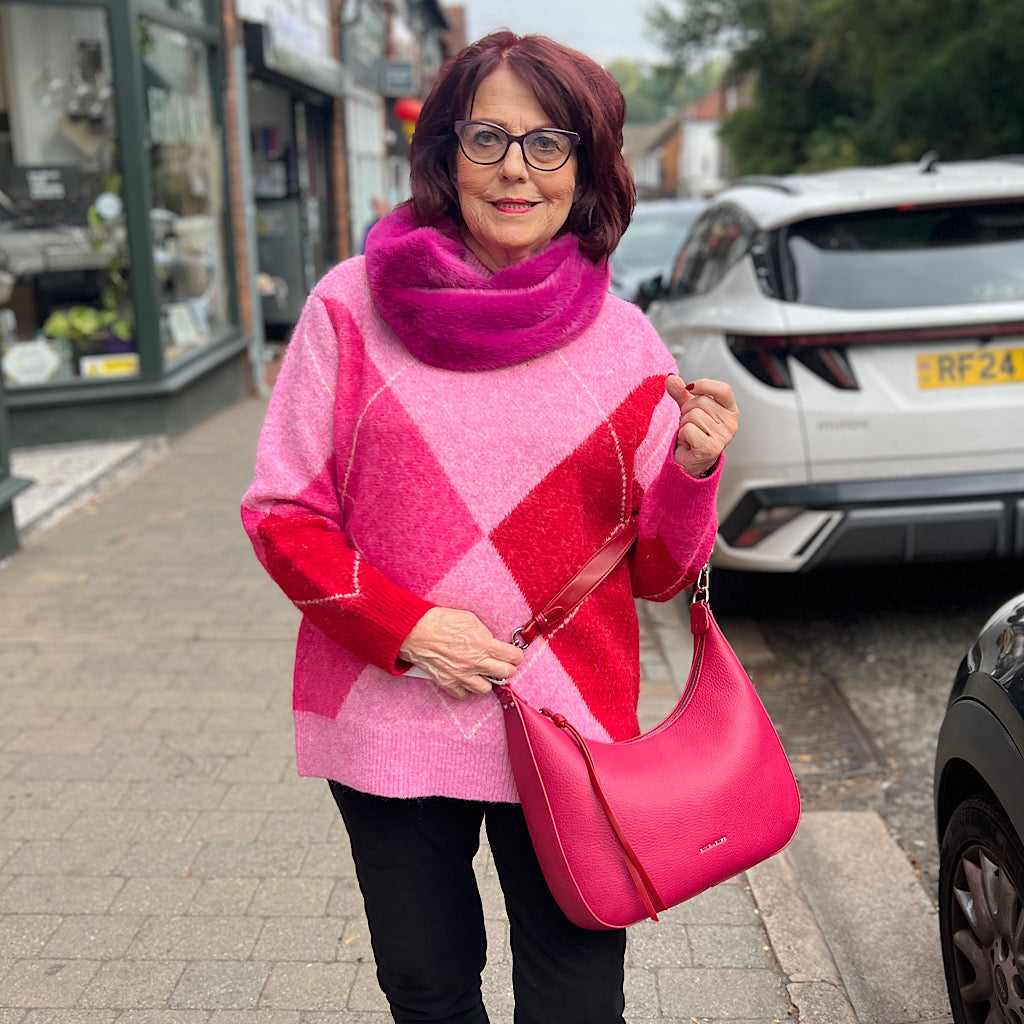 Pink & Red Soft Knit Large Diamond Jumper (modelled)
