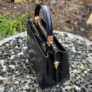 Black "Aria" Italian Leather Croc Grab Bag (side)