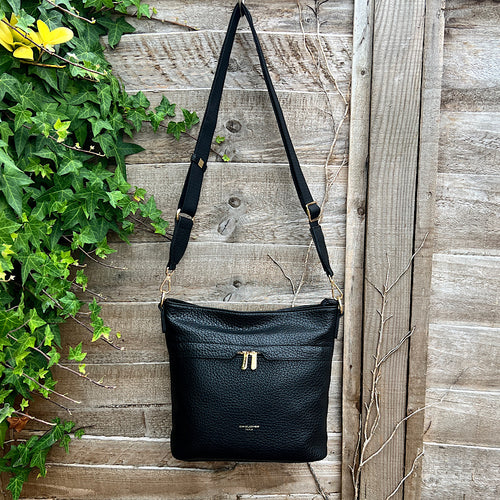 Black Front Zip Pocket Messenger Style Bag