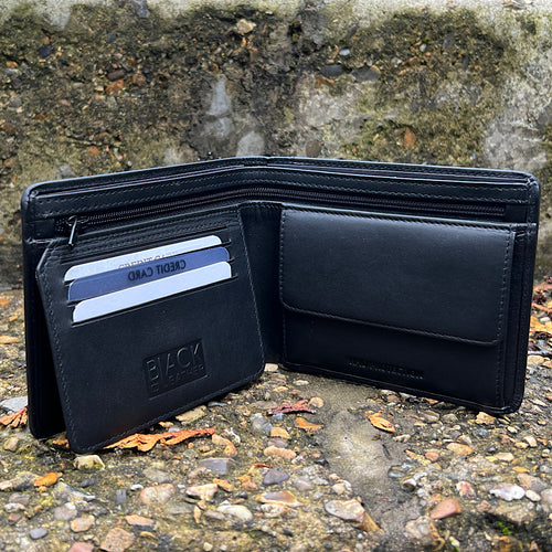 Gents Leather Wallet with Inside Zip Pocket & Coin Pocket By Black (open)