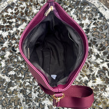 Load image into Gallery viewer, Plum Front Zip Pocket Messenger Style Bag (open)
