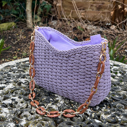 Lilac Summer Straw Chain Strap Shoulder Bag (side)